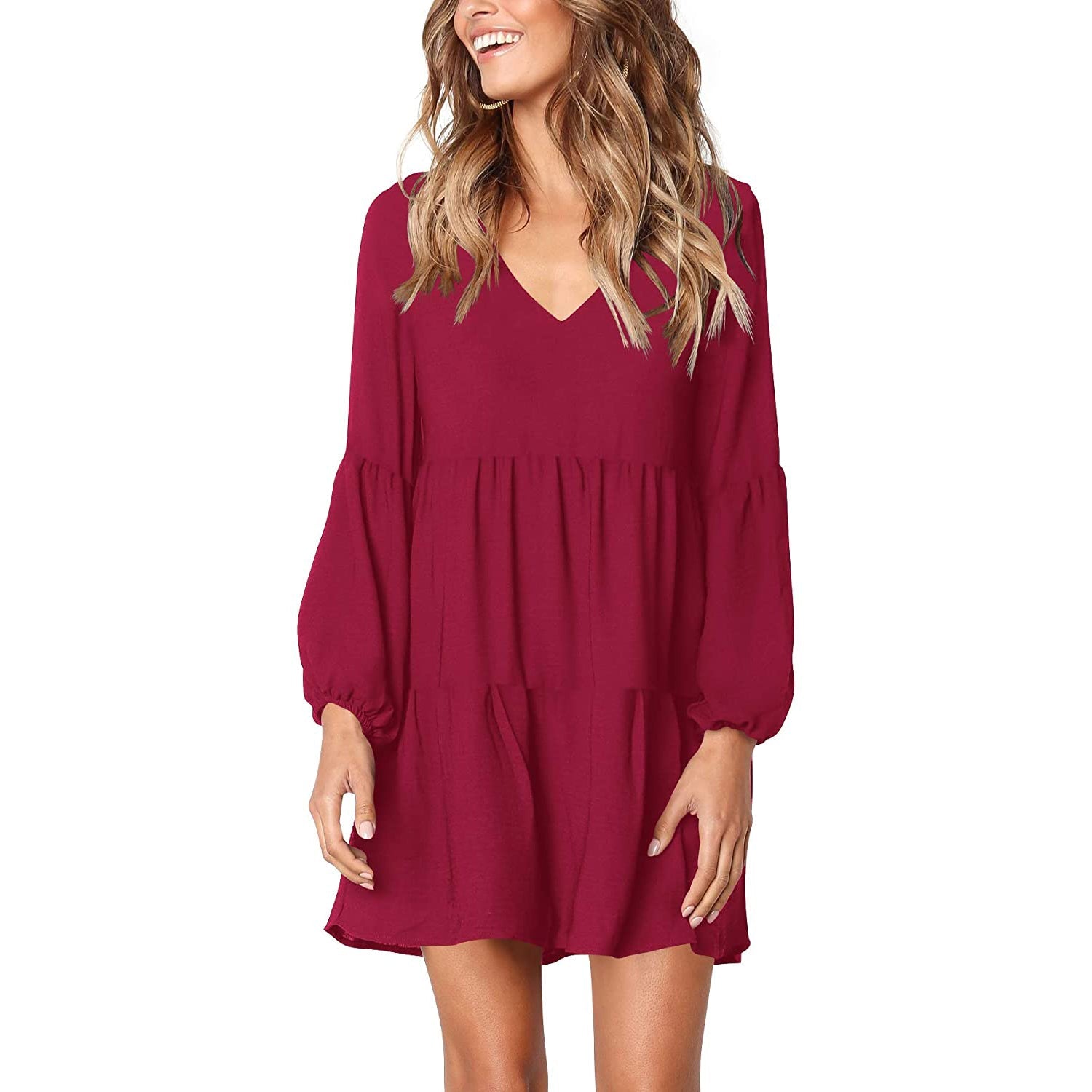 Women's V Neck Casual Loose Dress Women's Dresses Burgundy S - DailySale