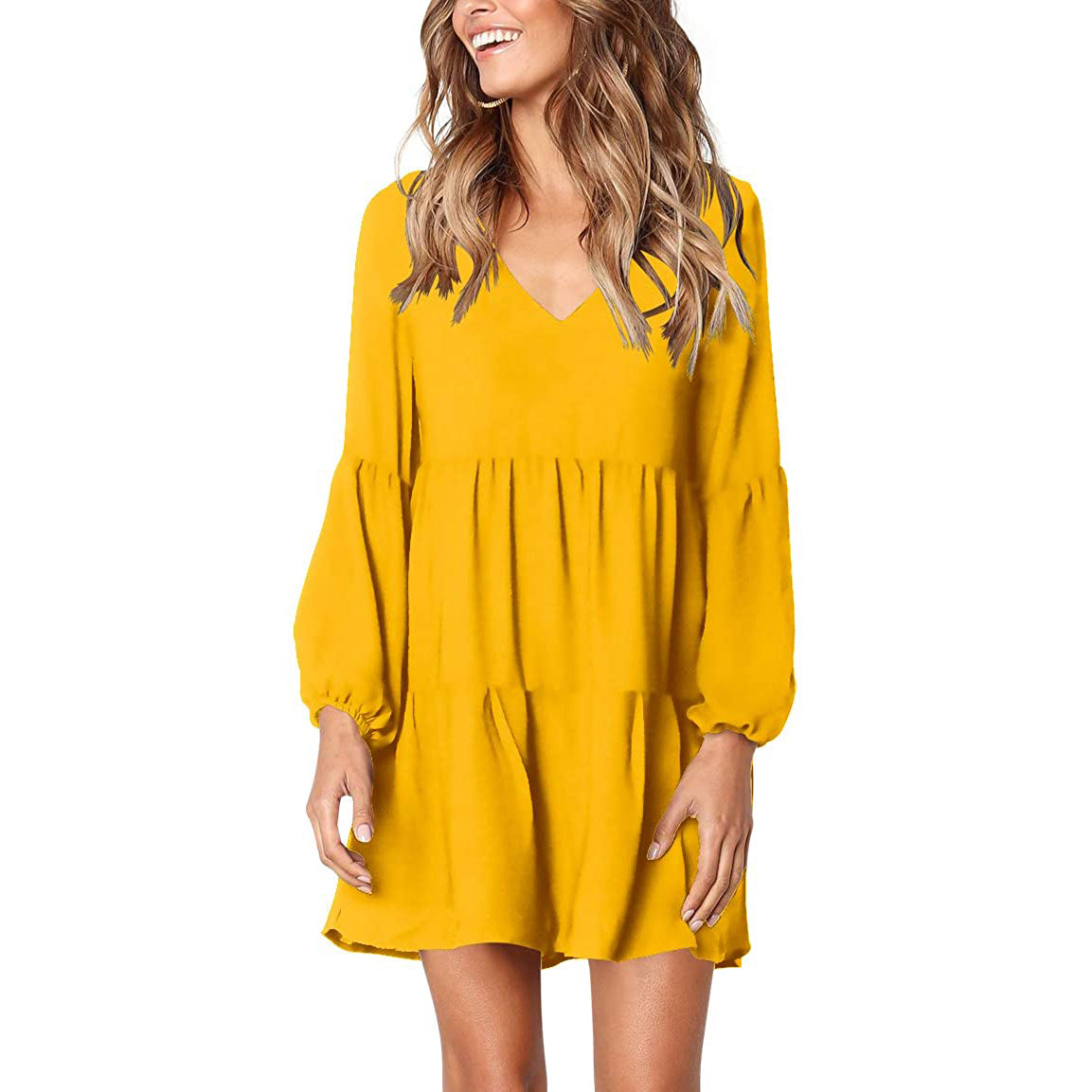 Women's V Neck Casual Loose Dress Women's Dresses Yellow S - DailySale