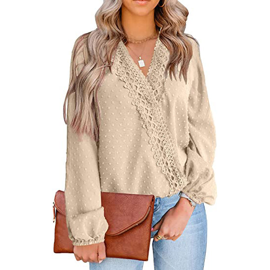 Women's V Neck Chiffon Lace Pom Pom Long Sleeve Top Women's Tops Apricot S - DailySale