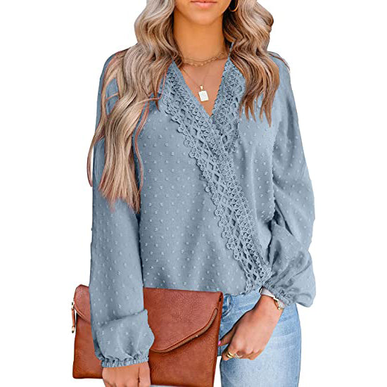 Women's V Neck Chiffon Lace Pom Pom Long Sleeve Top Women's Tops Light Blue S - DailySale