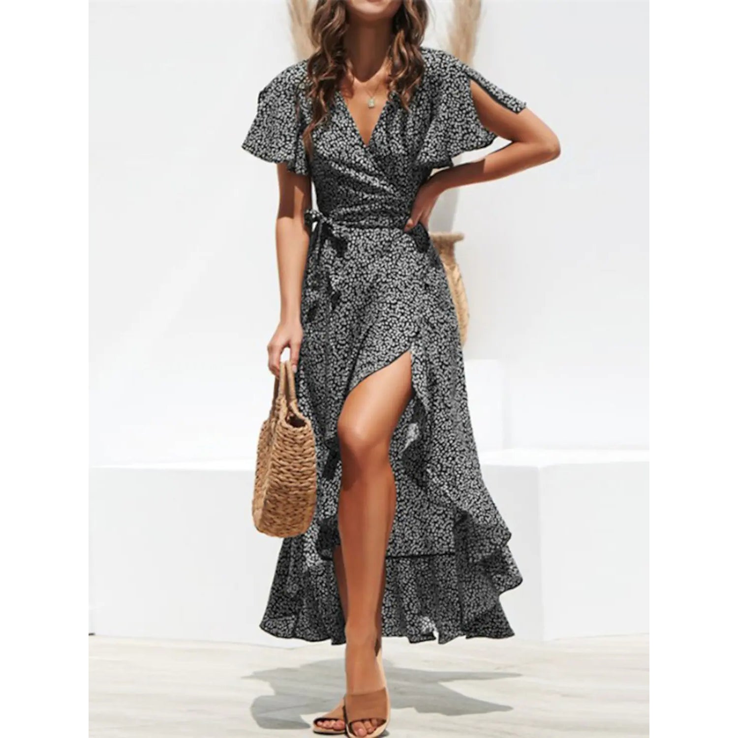 Women's V-Neck Elegant Long Chiffon Dress Women's Dresses Black S - DailySale