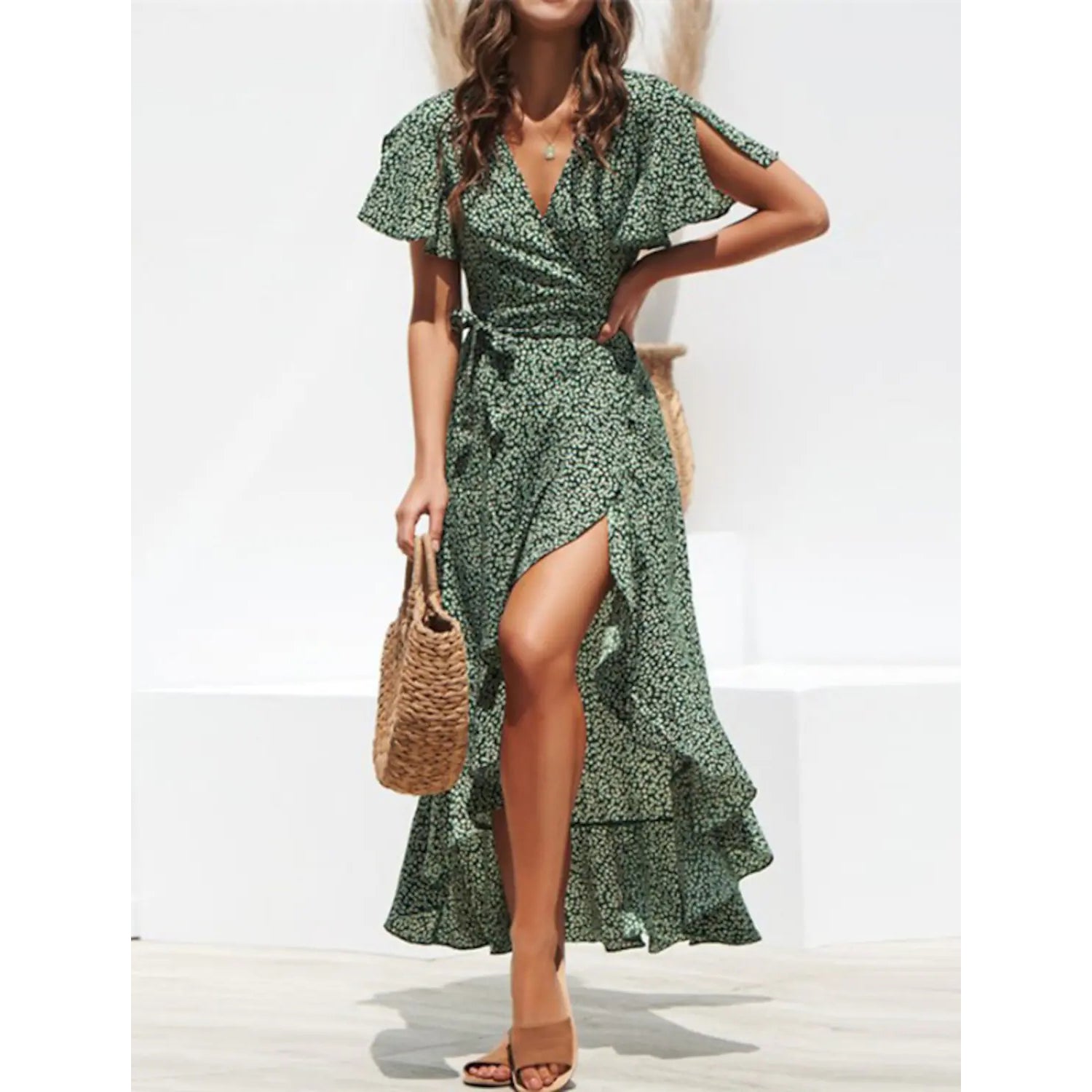 Women's V-Neck Elegant Long Chiffon Dress Women's Dresses Green S - DailySale