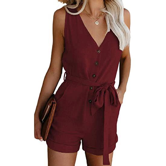 Women's V Neck Jumpsuits Casual Sleeveless Romper Women's Clothing Wine Red S - DailySale