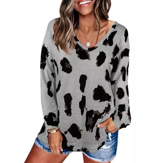 Women's V-Neck Leopard Print Inspired Top Women's Clothing Gray S - DailySale