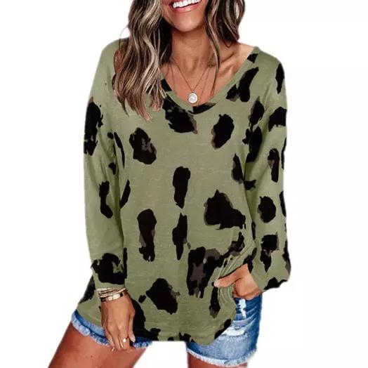 Women's V-Neck Leopard Print Inspired Top Women's Clothing Green S - DailySale