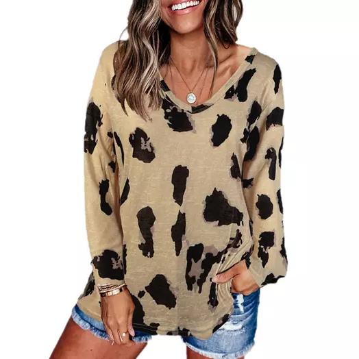 Women's V-Neck Leopard Print Inspired Top Women's Clothing Khaki S - DailySale