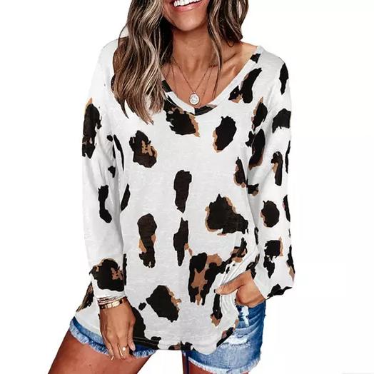 Women's V-Neck Leopard Print Inspired Top Women's Clothing White S - DailySale