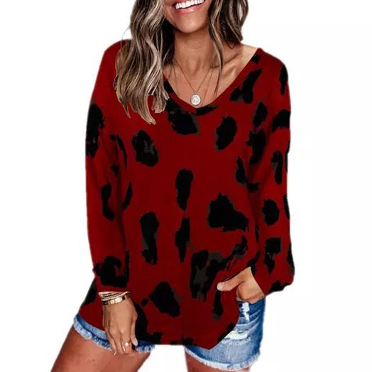 Women's V-Neck Leopard Print Inspired Top Women's Clothing Wine S - DailySale