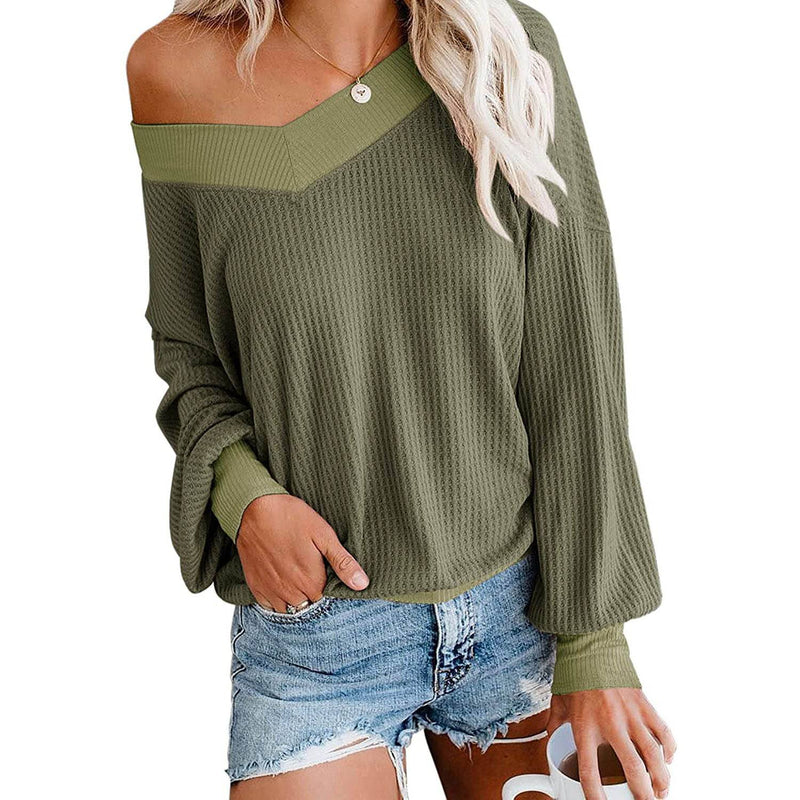 Women's V Neck Long Sleeve Waffle Knit Top Off Shoulder Oversized Pullover Sweater