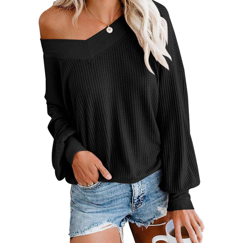 Women's V Neck Long Sleeve Waffle Knit Top Off Shoulder Oversized Pullover Sweater