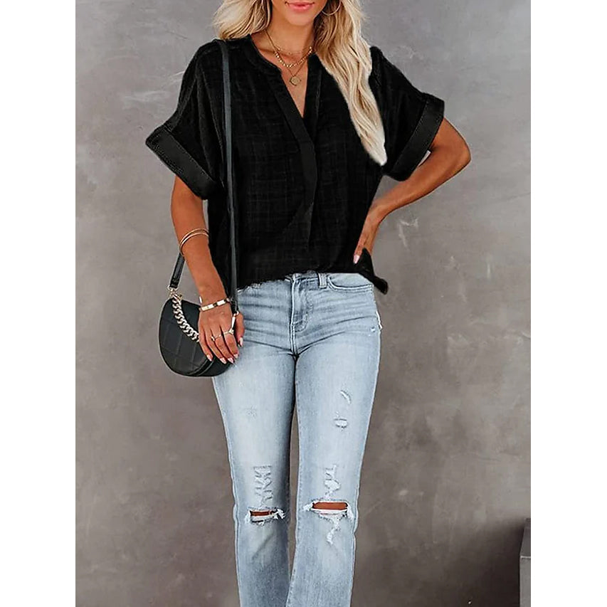 Women's V-Neck Loose Shirt Short Sleeve Top Women's Tops Black S - DailySale