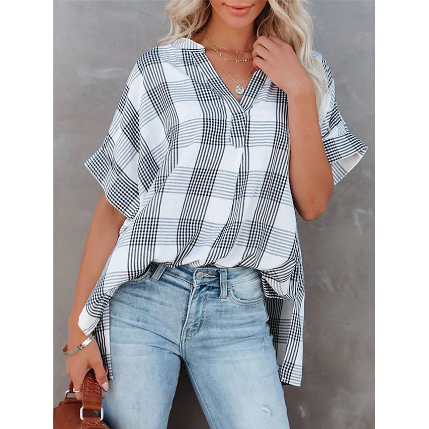 Women's V-Neck Loose Shirt Short Sleeve Top Women's Tops Dark Gray S - DailySale