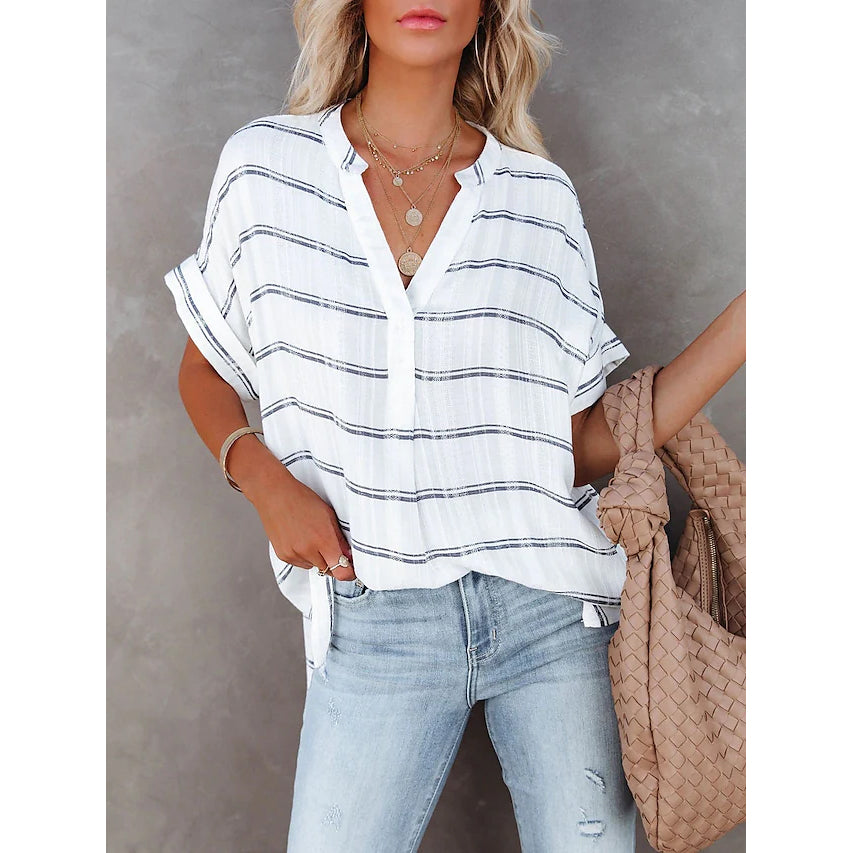 Women's V-Neck Loose Shirt Short Sleeve Top Women's Tops Gray S - DailySale