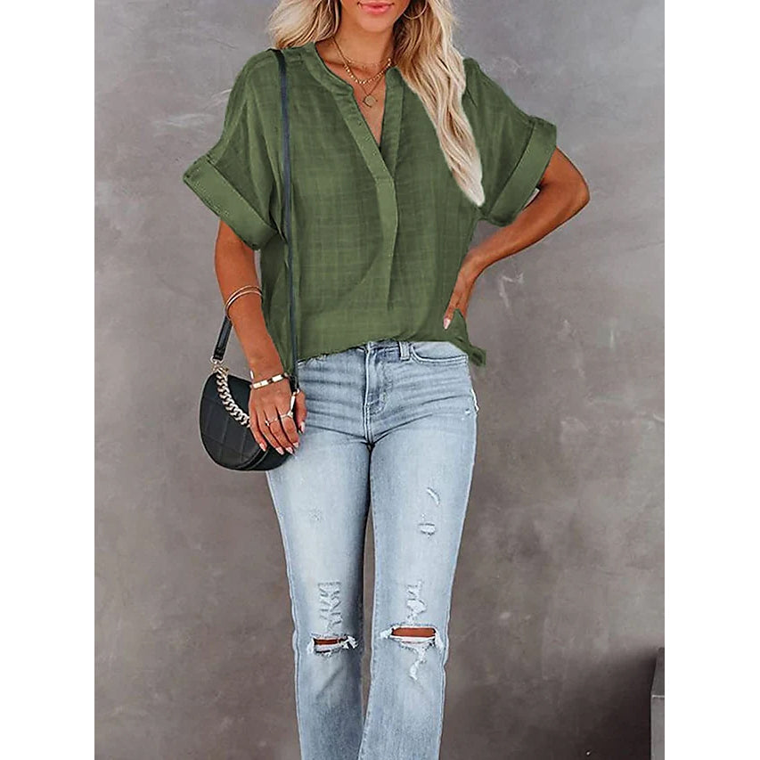 Women's V-Neck Loose Shirt Short Sleeve Top Women's Tops Green S - DailySale