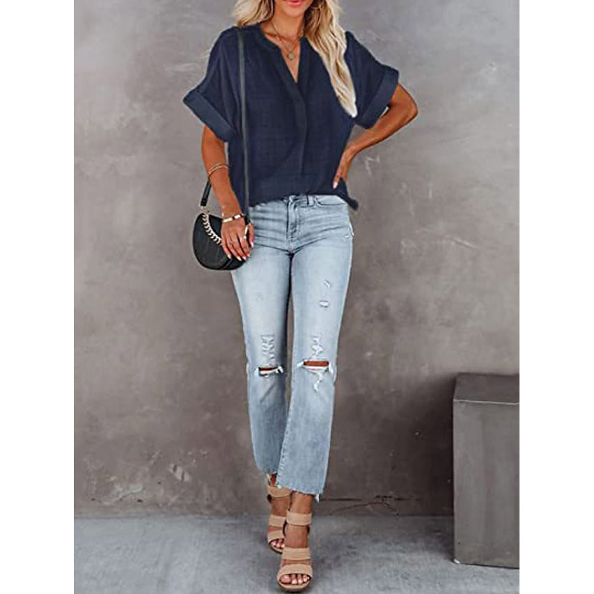 Women's V-Neck Loose Shirt Short Sleeve Top Women's Tops Navy S - DailySale