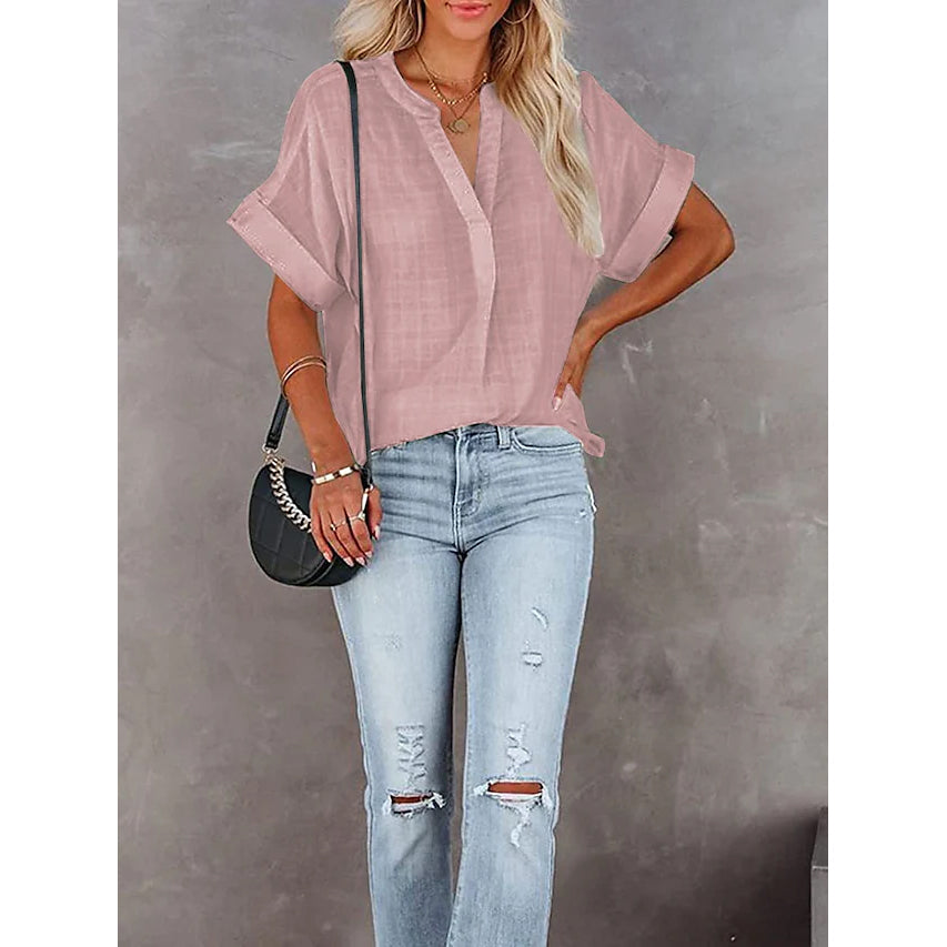 Women's V-Neck Loose Shirt Short Sleeve Top Women's Tops Pink S - DailySale