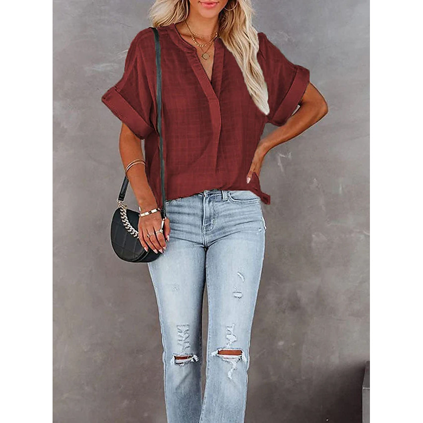 Women's V-Neck Loose Shirt Short Sleeve Top Women's Tops Wine S - DailySale