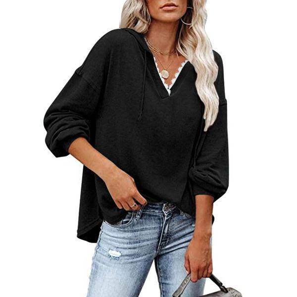 Women's V-neck Pullover Hoodie Sweater Women's Tops Black S - DailySale