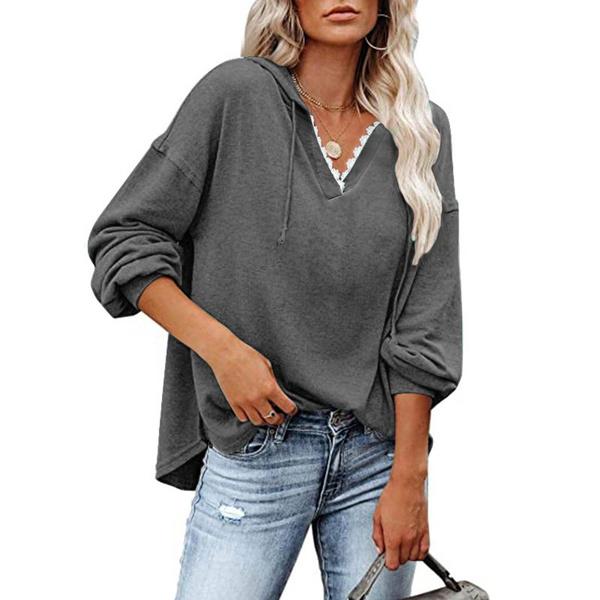 Women's V-neck Pullover Hoodie Sweater Women's Tops Dark Gray S - DailySale
