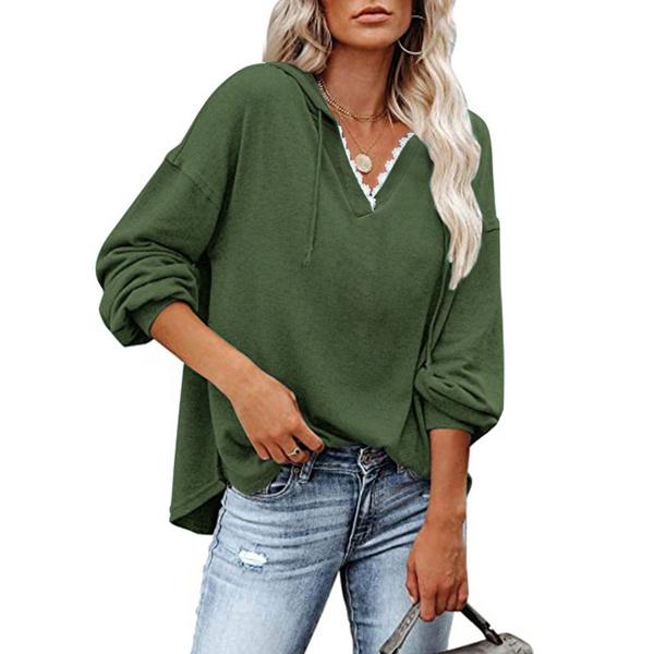 Women's V-neck Pullover Hoodie Sweater Women's Tops Green S - DailySale