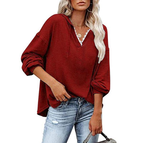 Women's V-neck Pullover Hoodie Sweater Women's Tops Wine Red S - DailySale