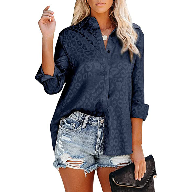 Women's V Neck Satin Embossed Roll Up Cuff Button Shirt Top Women's Tops Blue S - DailySale