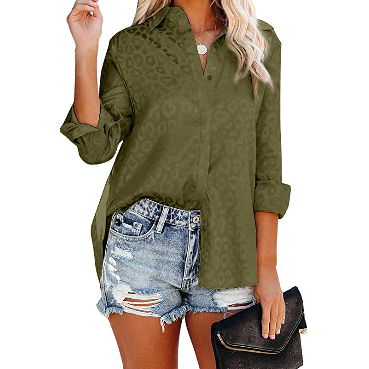 Women's V Neck Satin Embossed Roll Up Cuff Button Shirt Top Women's Tops Green S - DailySale