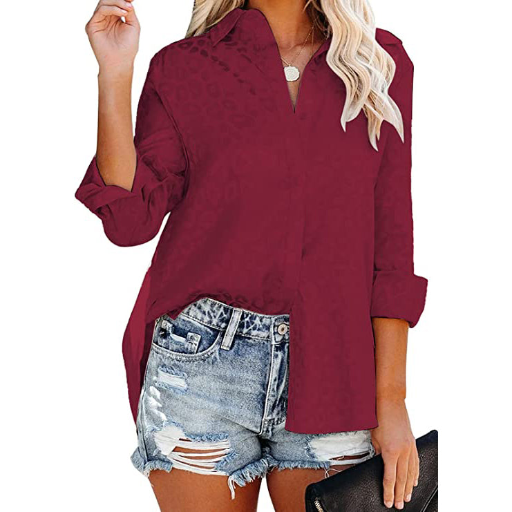 Women's V Neck Satin Embossed Roll Up Cuff Button Shirt Top Women's Tops Red S - DailySale