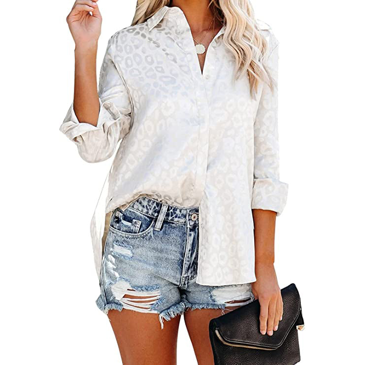 Women's V Neck Satin Embossed Roll Up Cuff Button Shirt Top Women's Tops White S - DailySale