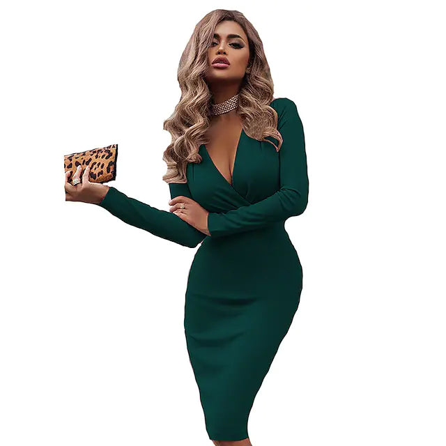 Women's V-Neck Sheath Knee Length Dress Women's Dresses Dark Green S - DailySale