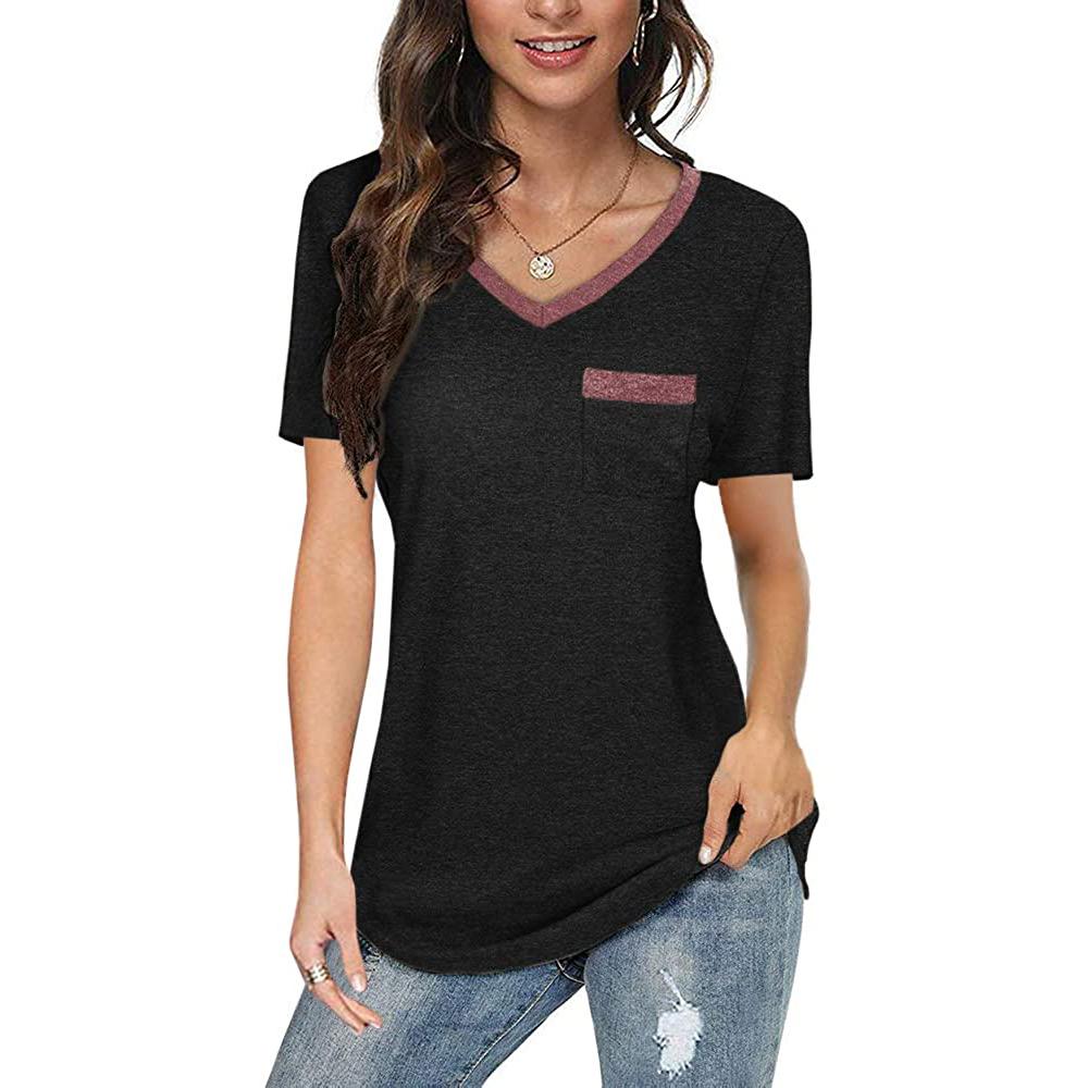 Womens V Neck Short Sleeve Tops Women's Clothing Black S - DailySale