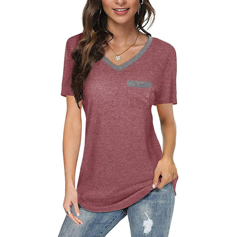 Womens V Neck Short Sleeve Tops Women's Clothing Brick Red S - DailySale