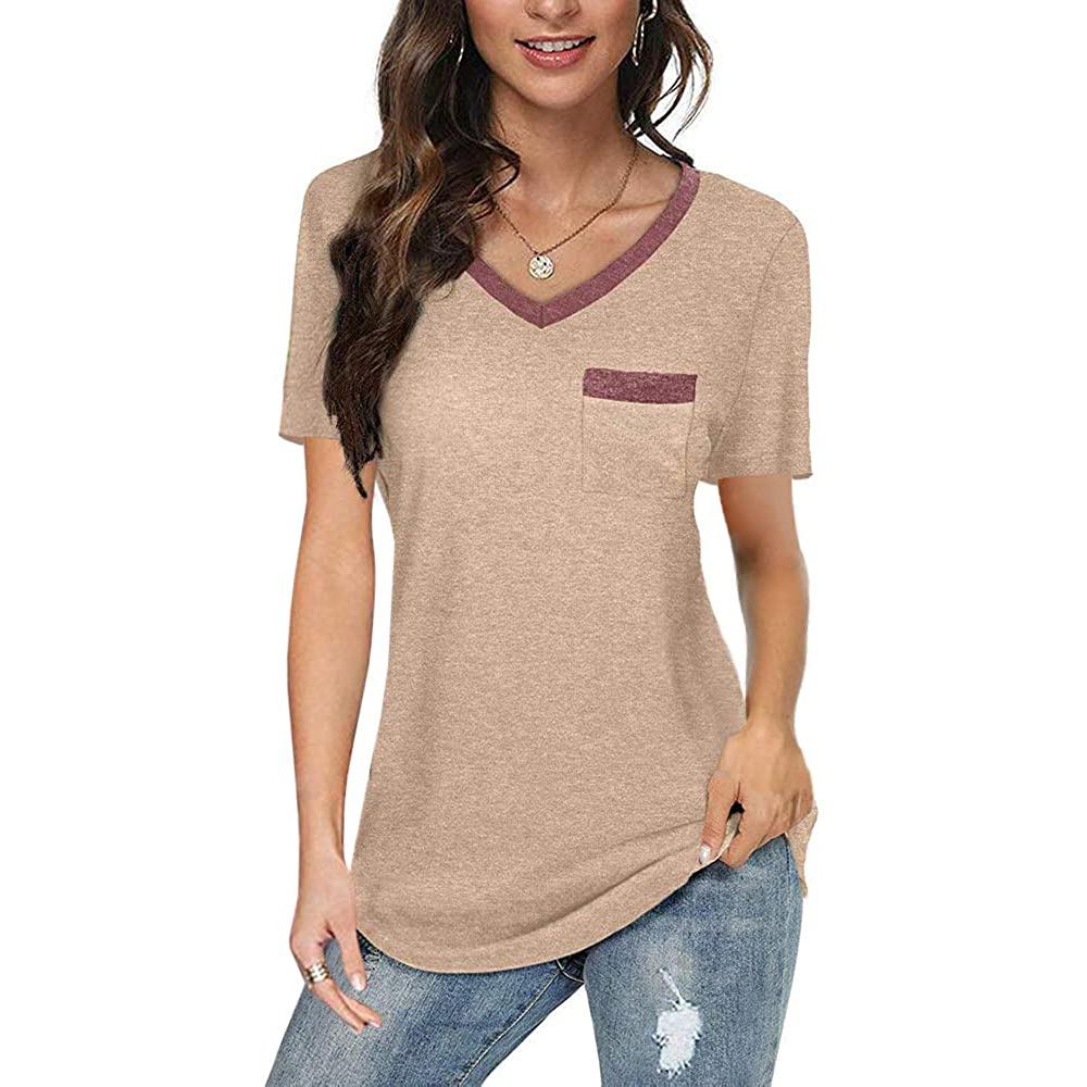 Womens V Neck Short Sleeve Tops Women's Clothing Khaki S - DailySale