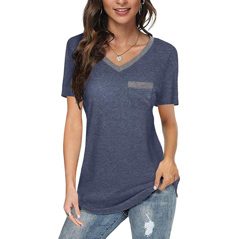 Womens V Neck Short Sleeve Tops Women's Clothing Navy S - DailySale