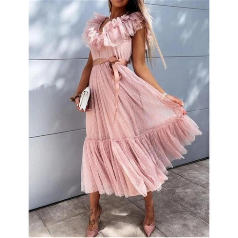 Women's V-Neck Solid Pleated Dress Women's Dresses Pink S - DailySale