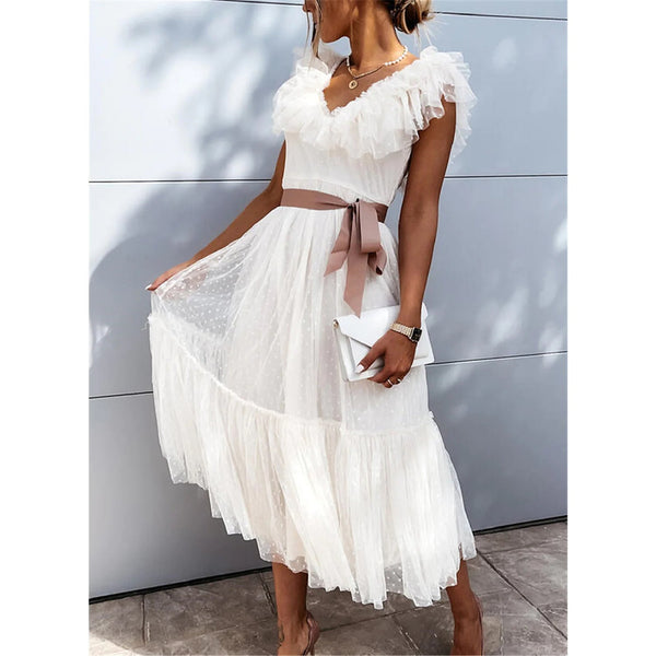 Women's V-Neck Solid Pleated Dress Women's Dresses White S - DailySale