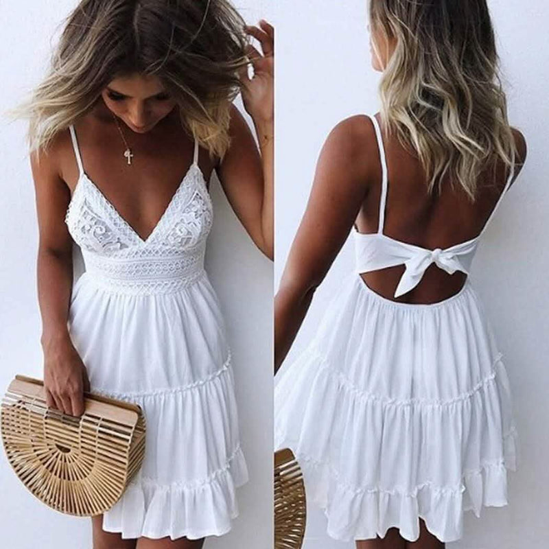Womens V-Neck Spaghetti Strap Bowknot Backless Sleeveless Lace Mini Swing Skater Dress Women's Dresses - DailySale