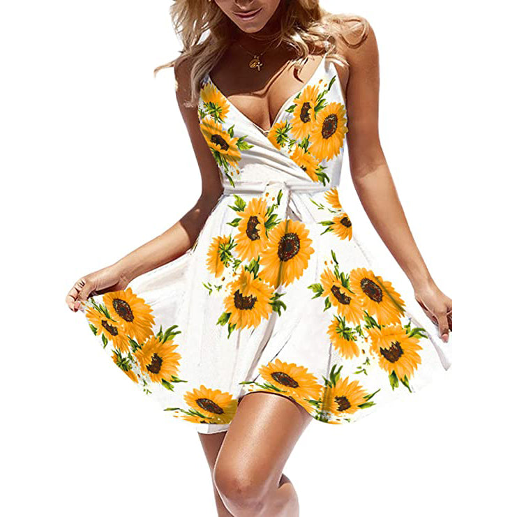 Women's V-Neck Spaghetti Strap Mini Swing Skater Dress Women's Dresses White Sunflower S - DailySale