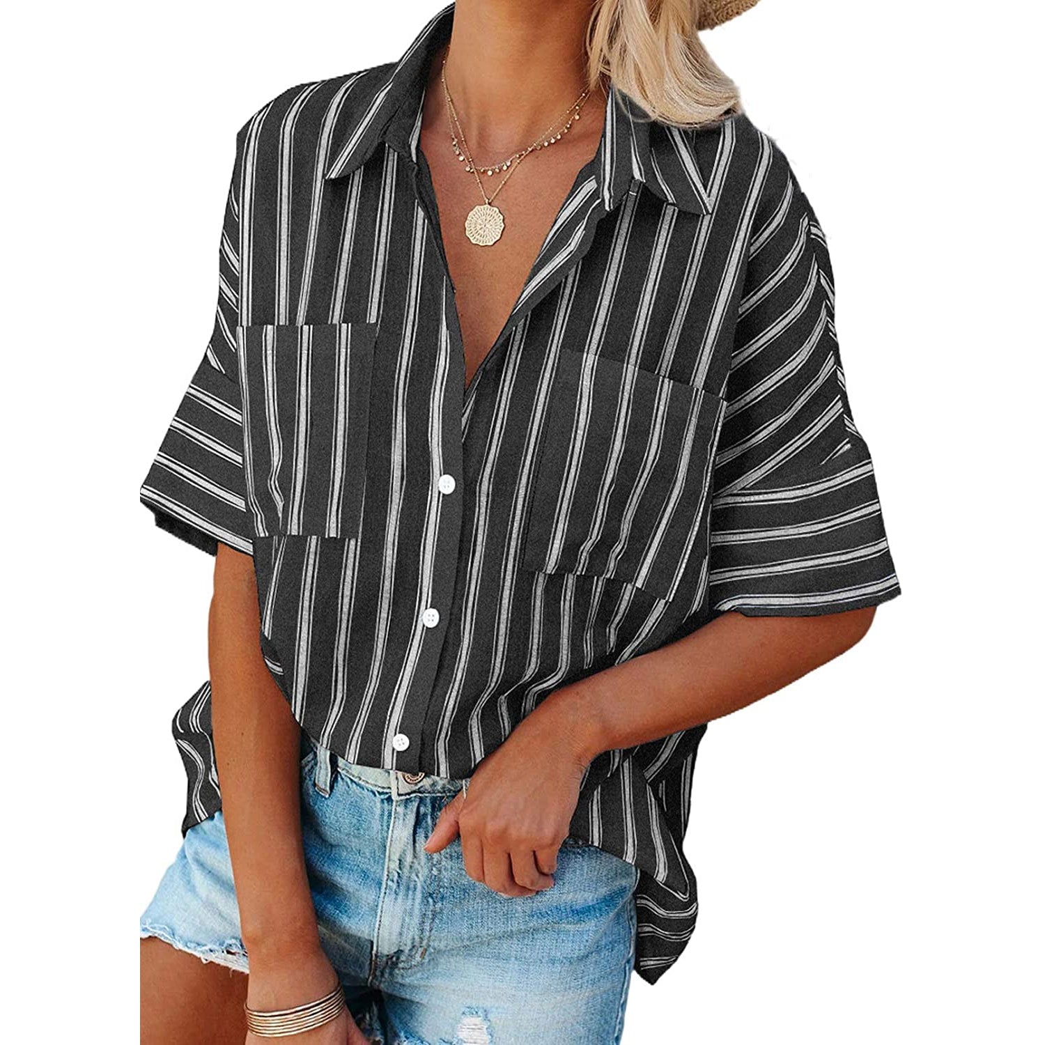 Women's V Neck Striped Roll Up Cuff Button Shirt Top Women's Tops Black S - DailySale