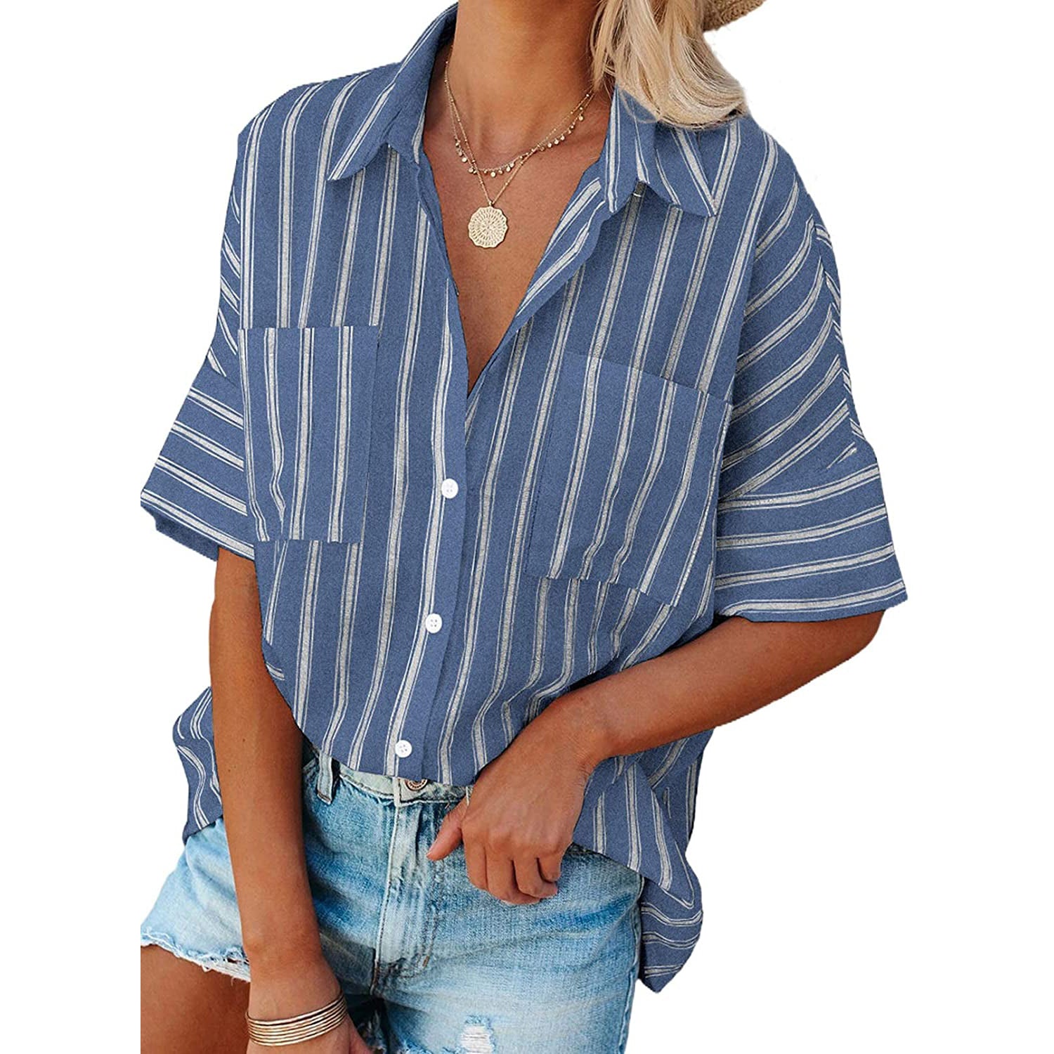 Women's V Neck Striped Roll Up Cuff Button Shirt Top Women's Tops Blue S - DailySale