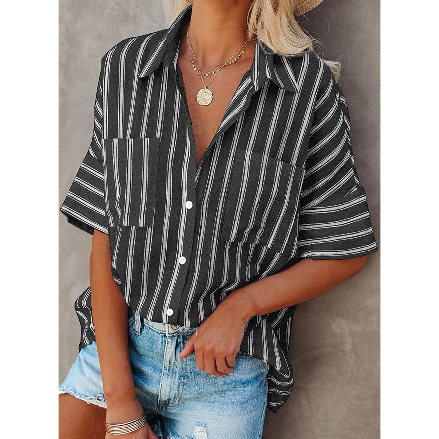 Women's V Neck Striped Roll Up Cuff Button Shirt Top Women's Tops - DailySale