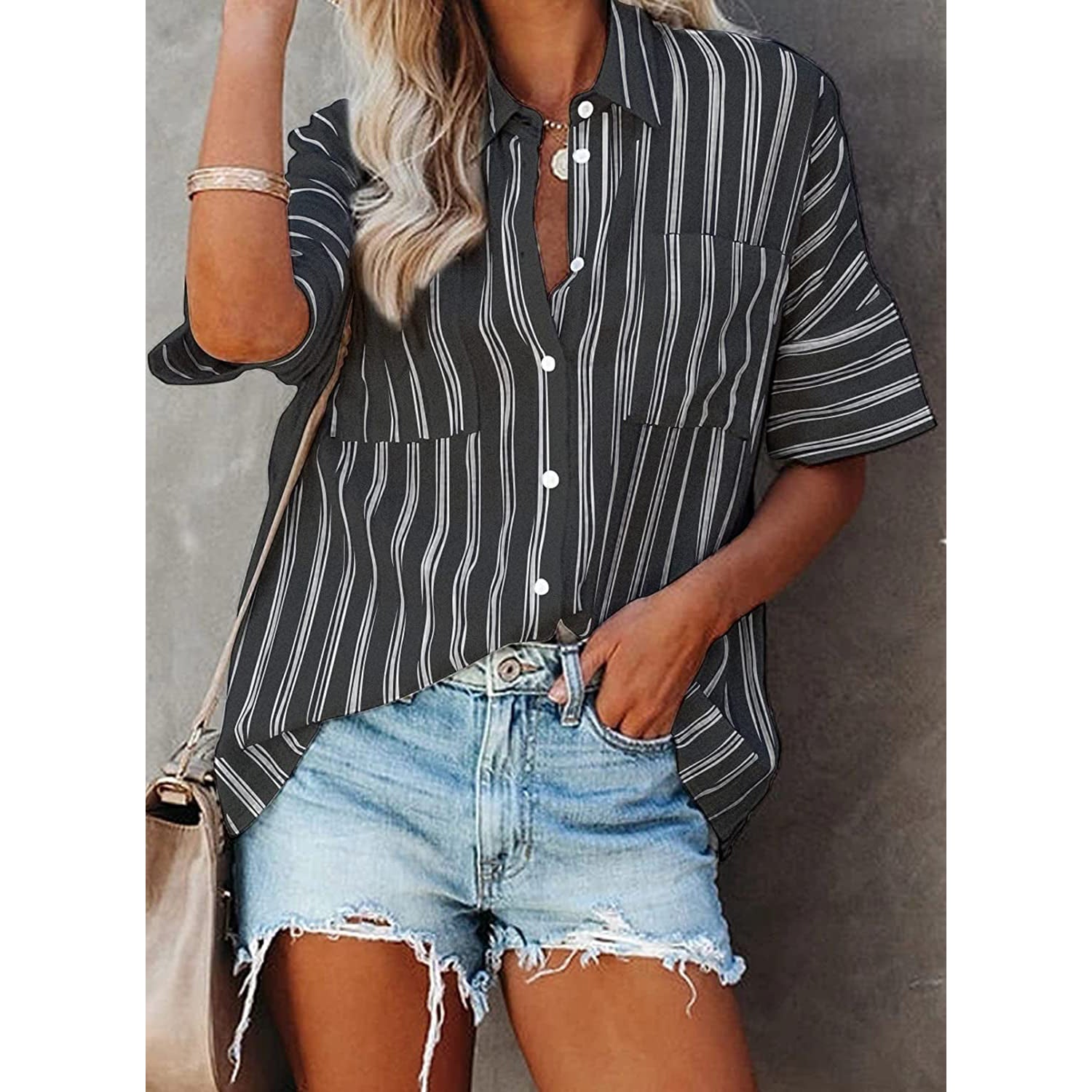 Women's V Neck Striped Roll Up Cuff Button Shirt Top Women's Tops - DailySale