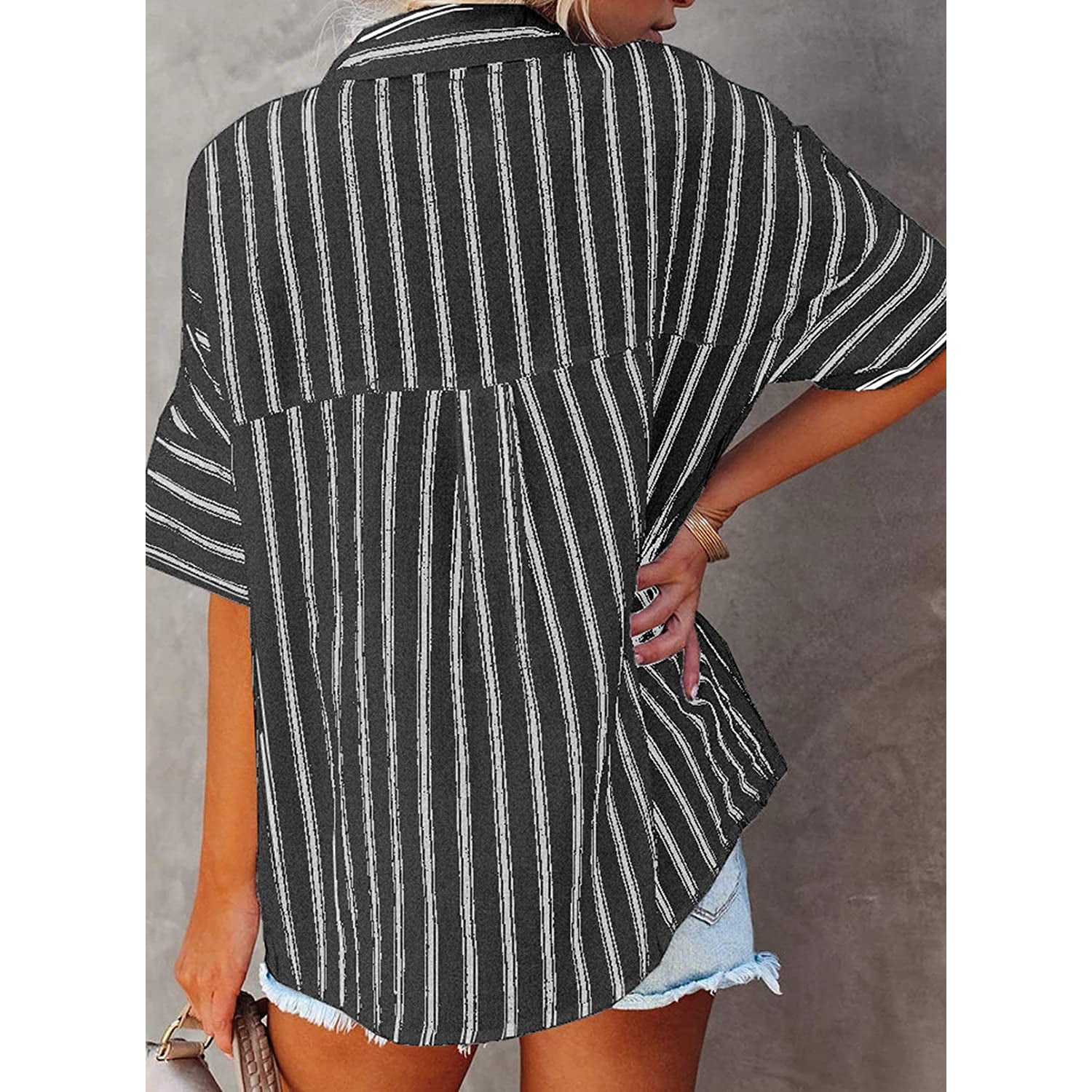 Women's V Neck Striped Roll Up Cuff Button Shirt Top Women's Tops - DailySale