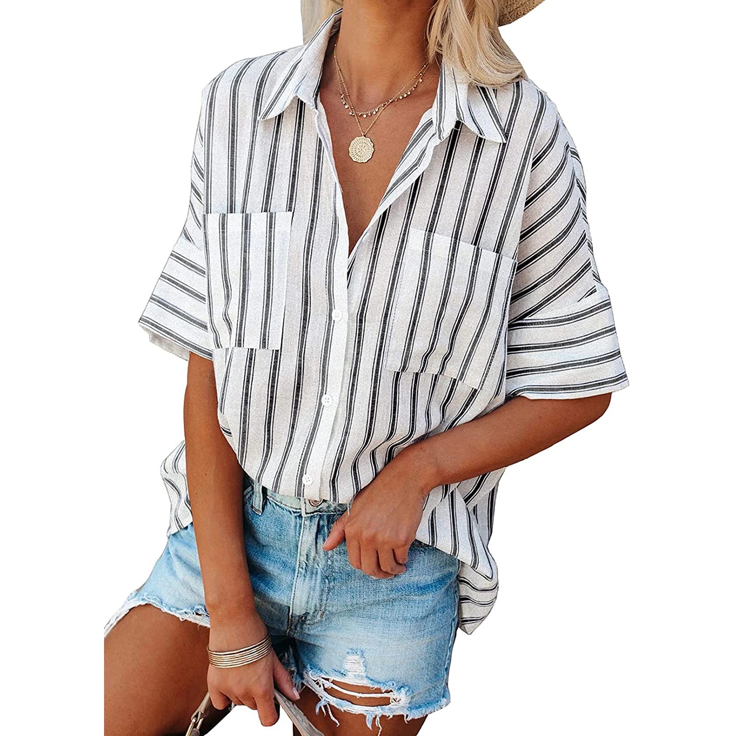 Women's V Neck Striped Roll Up Cuff Button Shirt Top Women's Tops White S - DailySale