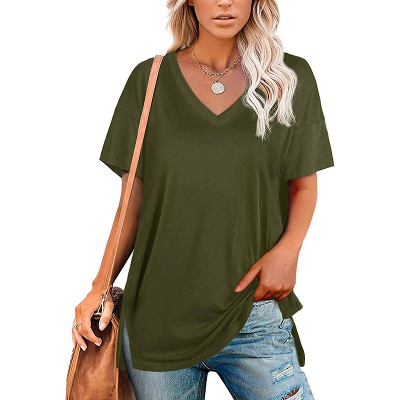 Women's V Neck T Shirts Basic Short Sleeve Tees Tops Women's Clothing Green S - DailySale