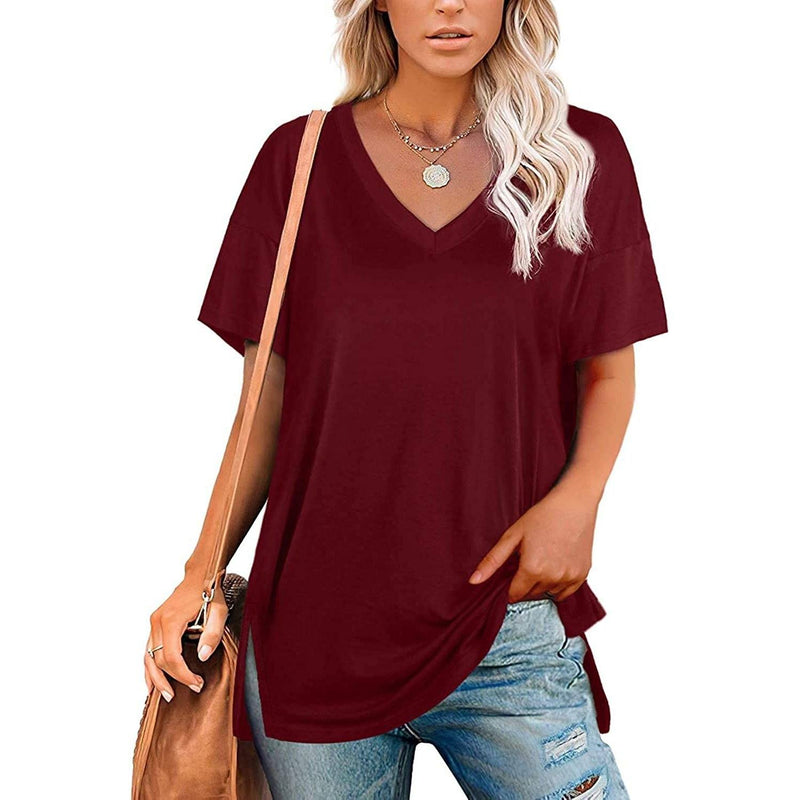 Women's V Neck T Shirts Basic Short Sleeve Tees Tops Women's Clothing Wine Red S - DailySale