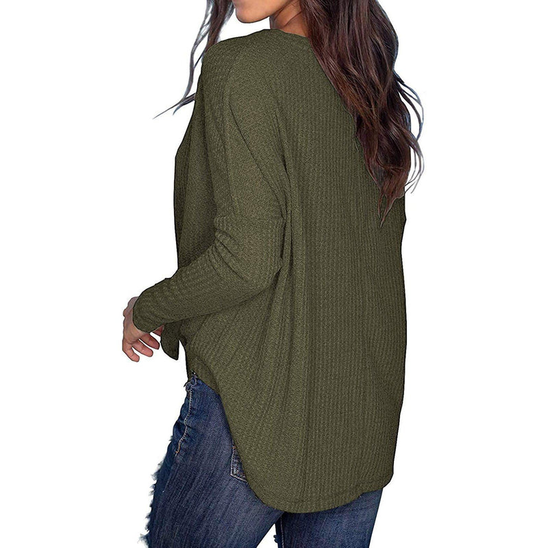 Womens Waffle Knit Tunic Blouse Tie Knot Henley Tops