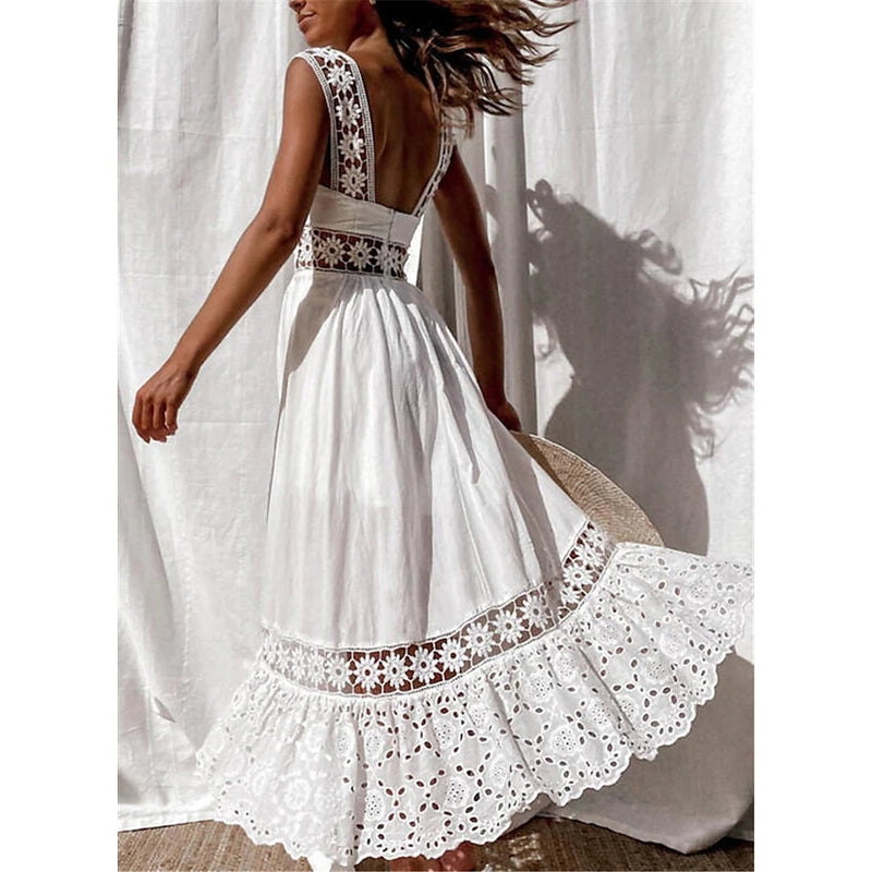 Women's White Sleeveless Solid Lace Panel Dress Women's Dresses - DailySale