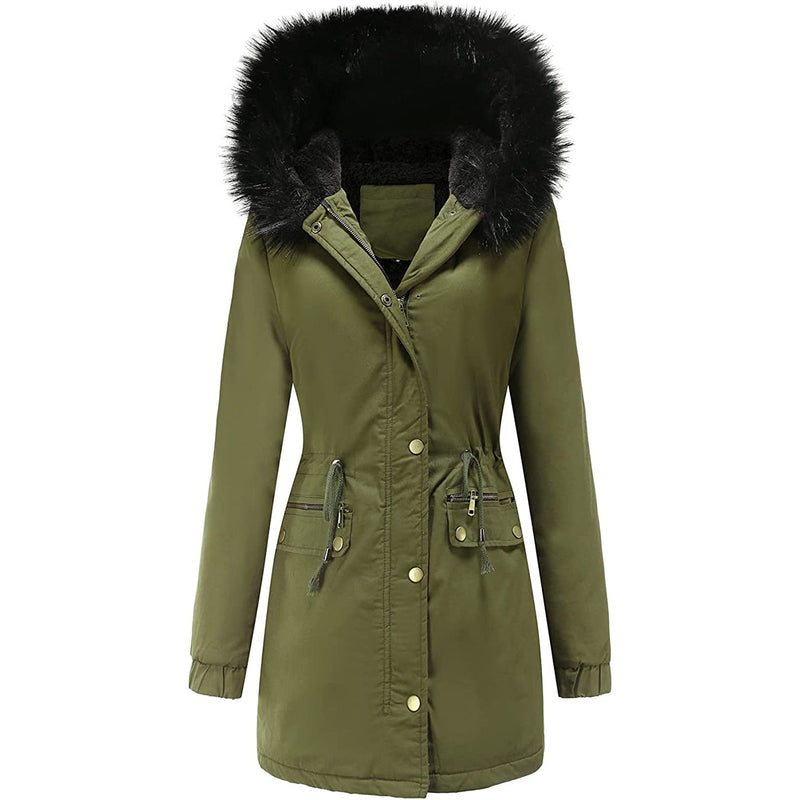 Women's Winter Coat Warm Thick Black Fleece Lined Wide Furry Hood Parka Women's Outerwear - DailySale