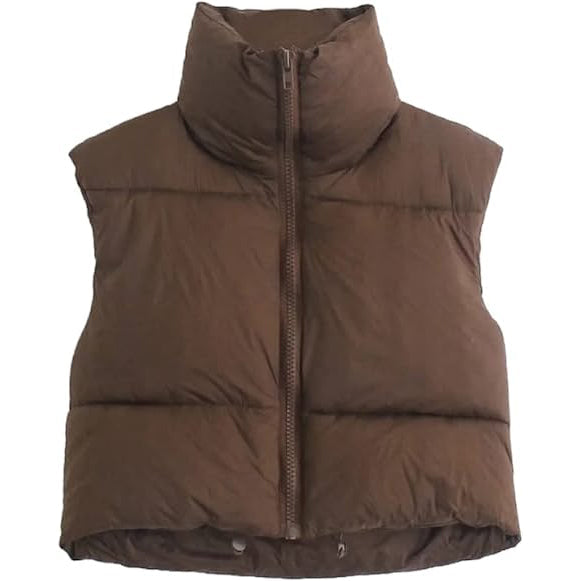 Women's Winter Crop Vest Lightweight Sleeveless Warm Outerwear Puffer Vest Padded Gilet Women's Outerwear Brown S - DailySale